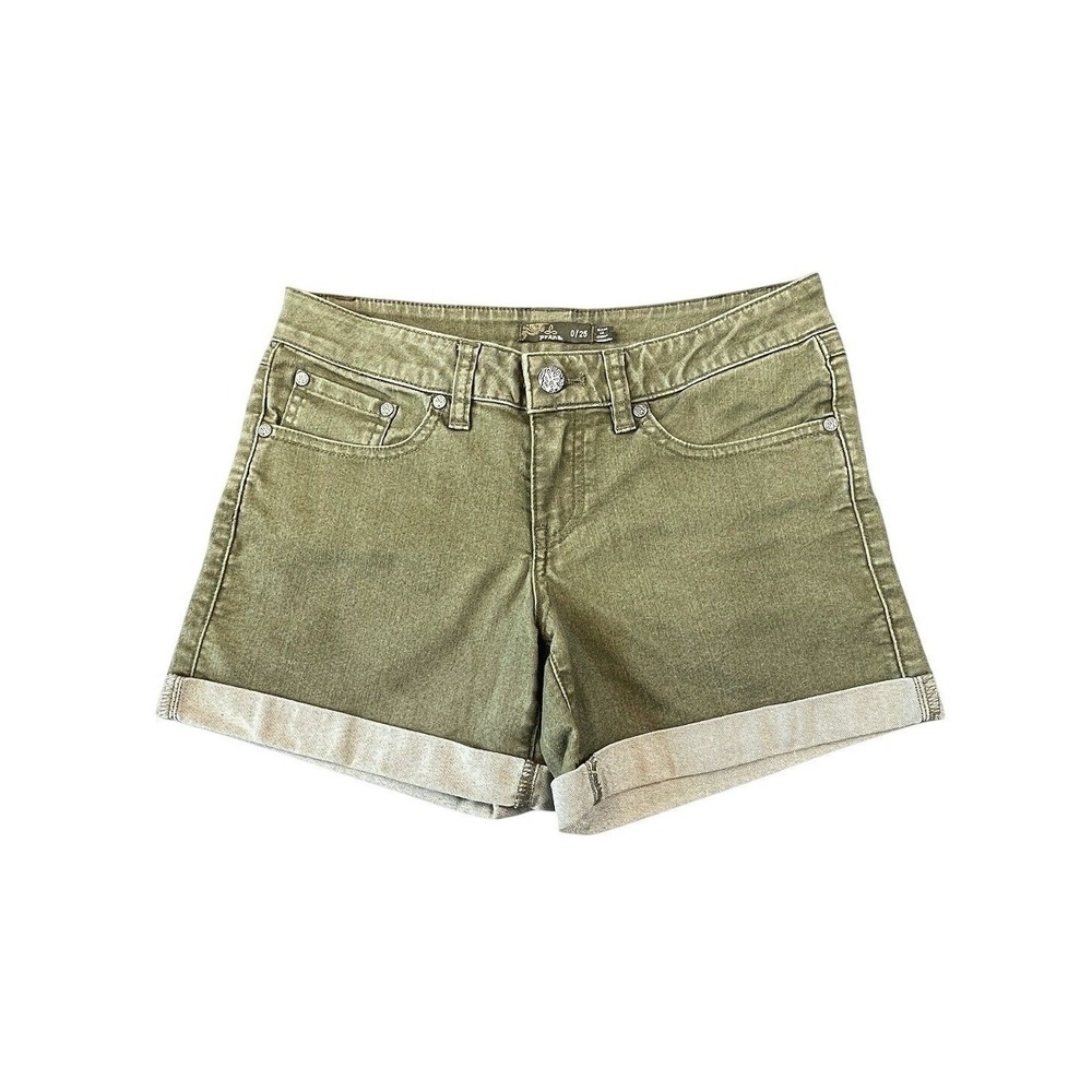 PrAna Womens Green Denim Cuffed Hem Low Rise Classic 5-Pocket Kara Shorts 0/25